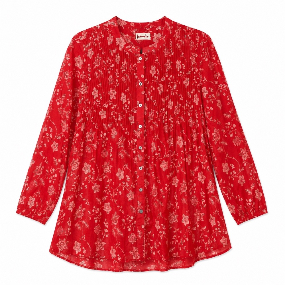 Fabindia Red Floral Block Print Cotton Tunic Top NWT Small